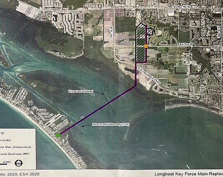 The purple line on this map shows the location of the existing wastewater pipeline that connects Longboat Key to Manatee County’s wastewater treatment facility. The new pipeline will be installed just next to it.