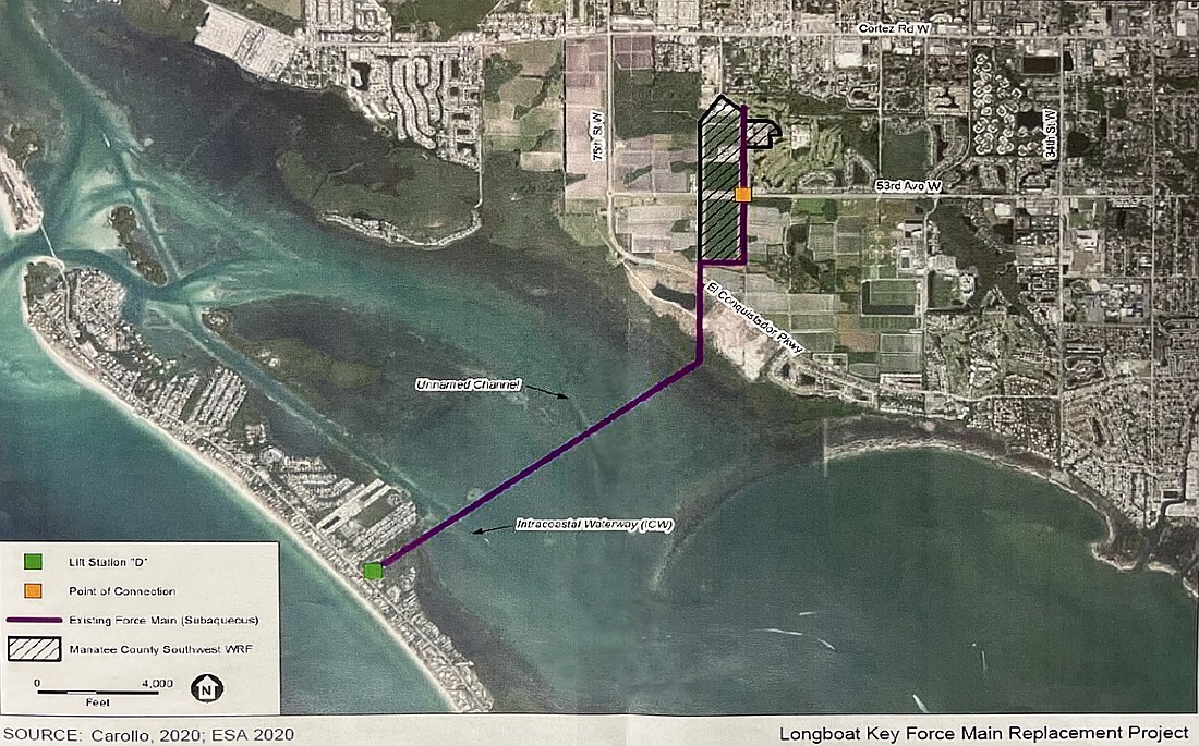 The purple line on this map shows the location of the existing wastewater pipeline that connects Longboat Key to Manatee County’s wastewater treatment facility. The new pipeline will be installed just next to it.