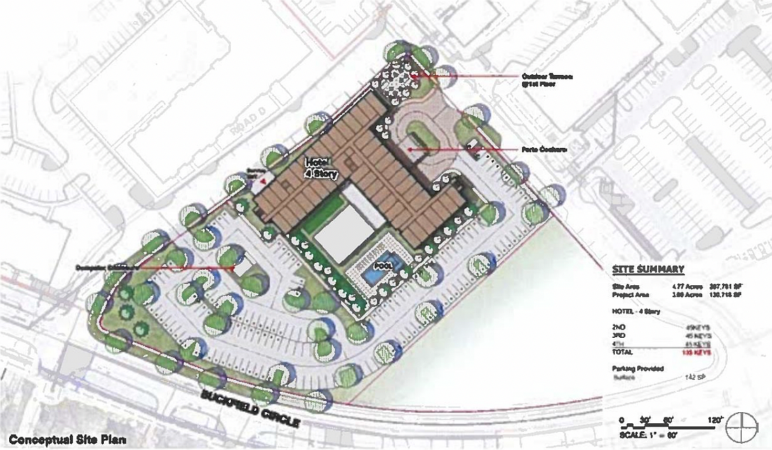 A map of The Village at Seven Pines shows the site of a proposed four-story hotel adjacent to shopping center. Records on file with the city of Jacksonville and St. Johns River Water Management District about the project do not identify the brand of the hotel.