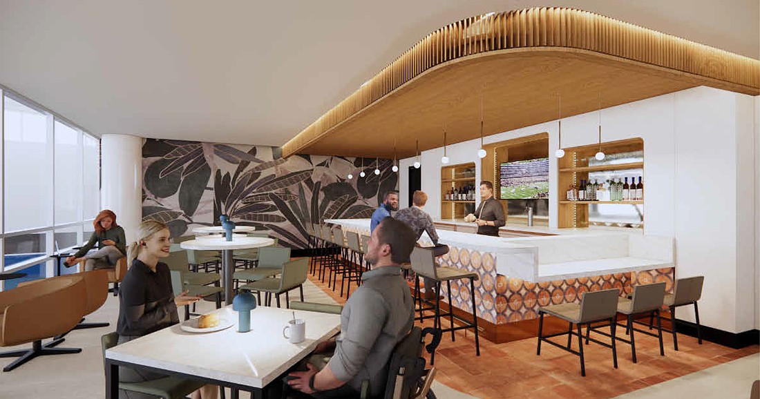 A rendering shows the bar and lounge area of the redesigned Club JAX, which will more than double in size to 6,133 square feet with 131 seats, up from 52.