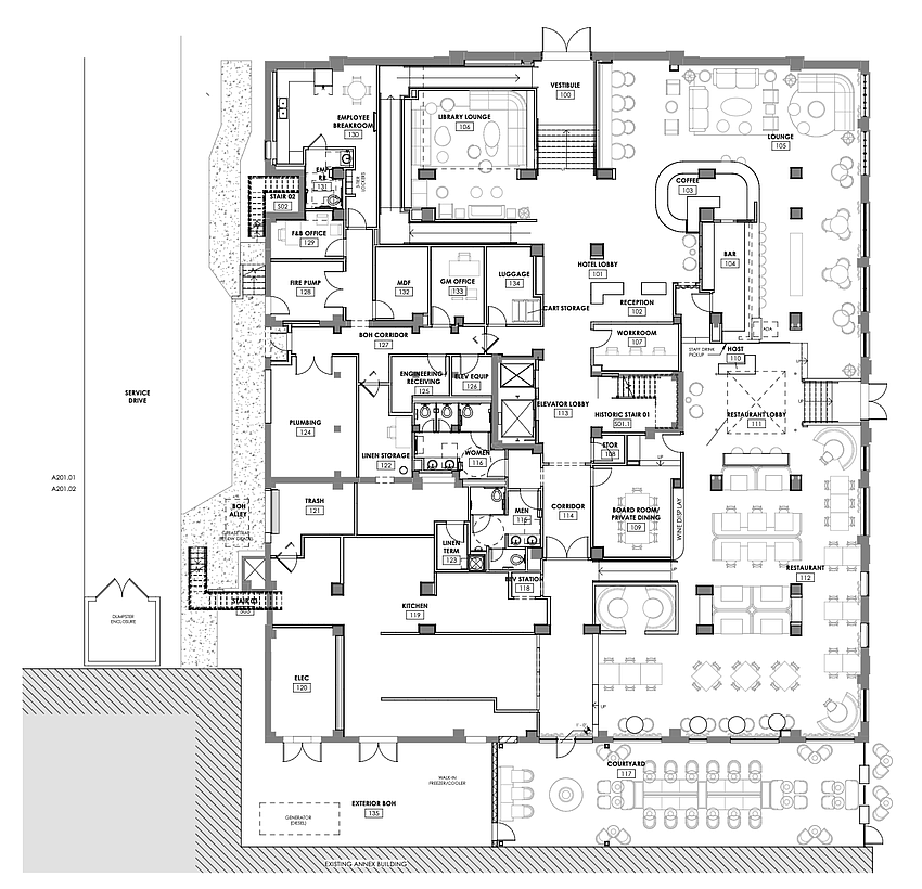 An interior plan for restoration of the Ambassador Hotel at 420 N. Julia St. into Hotel Merrydelle, part of the Marriott Tribute Portfolio. An interior plan for restoration of the Ambassador Hotel at 420 N. Julia St. into Hotel Merrydelle, part of the Marriott Tribute Portfolio.
