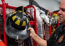 Longboat Key Fire Rescue Training Capt. David Eggleston said firefighter helmets have bills on the rear of the helmet so contaminated water can roll off without soaking into the jacket and pants firefighters wear while battling blazes.