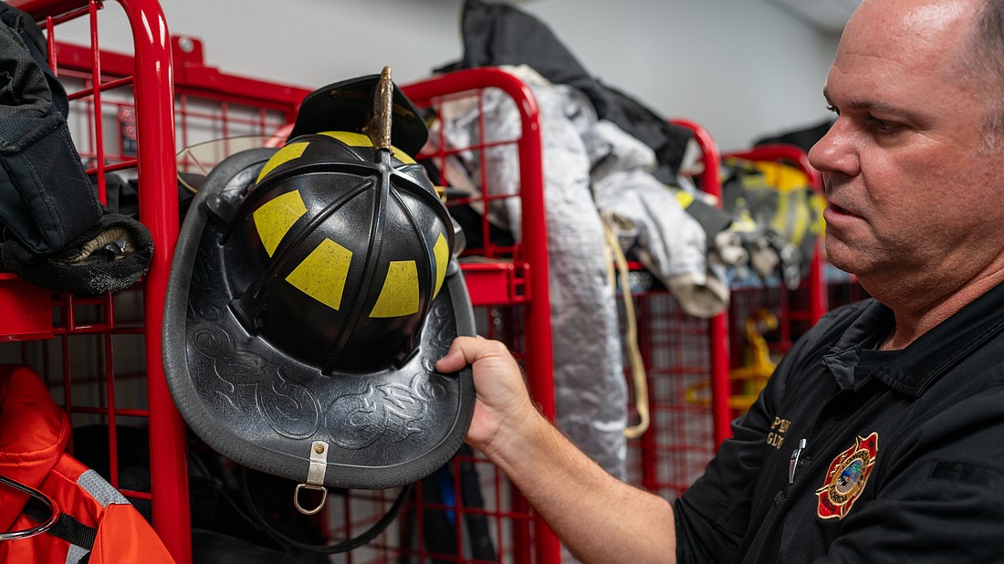 Longboat Key Fire Rescue Training Capt. David Eggleston said firefighter helmets have bills on the rear of the helmet so contaminated water can roll off without soaking into the jacket and pants firefighters wear while battling blazes.