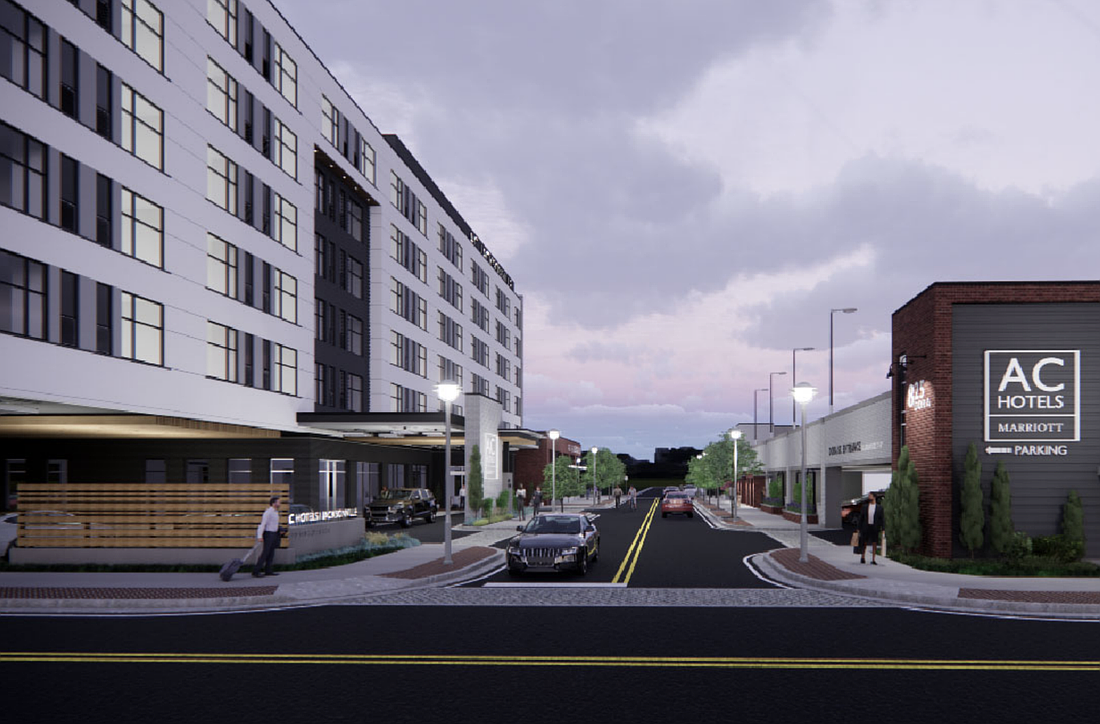 A rendering of the AC Hotel by Marriott in Downtown Jacksonville, a two-building concept planned on lots straddling the 800 block of Dora Street. The city is reviewing civil engineering plans for the two-story garage structure (shown on right) that is part of the project.