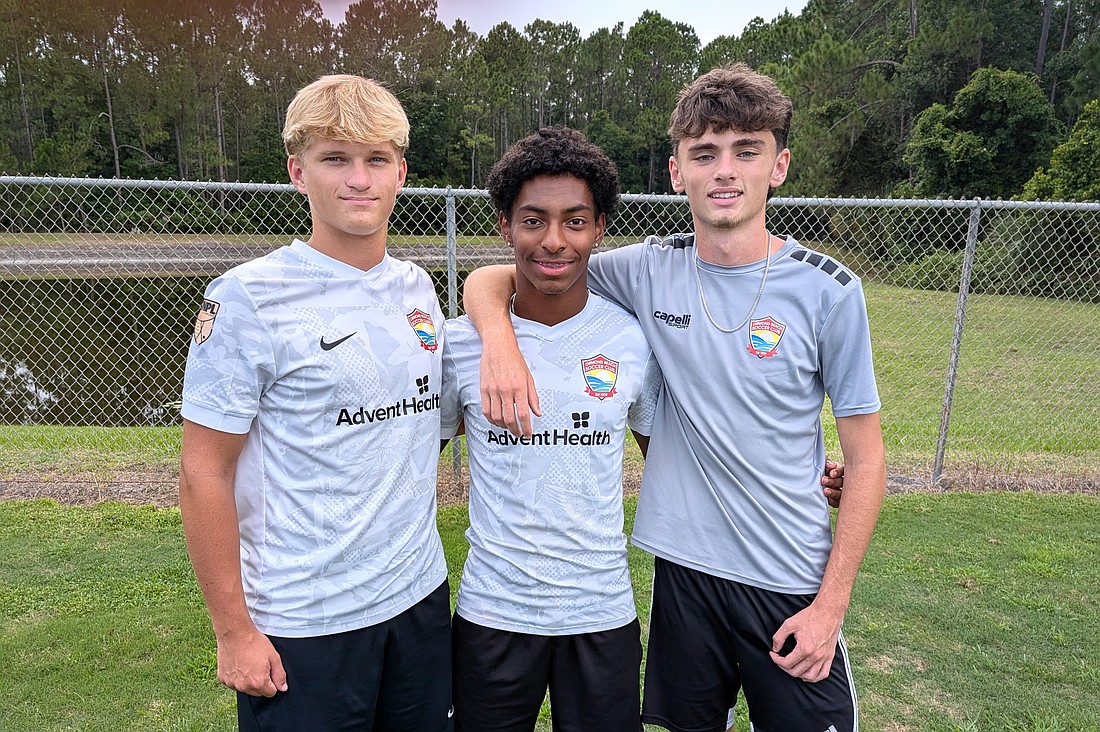 Luke Clayton, Alejandro Mafara and Conor Gould are among 395 competitive team players in the Ormond Beach Soccer Club. Photo by Brent Woronoff
