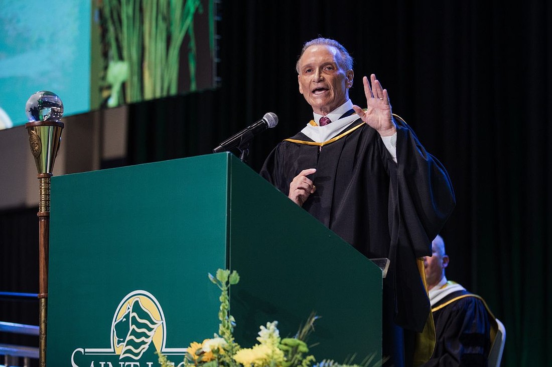 Arnie Bellini addresses graduates at 2026 Saint Leo University commencement.