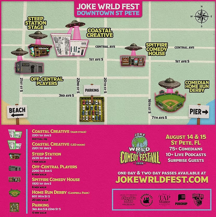 A map for the inaugural Joke Wrld Comedy Festival in St. Petersburg on August 14 and 15, 2026. A map for the inaugural Joke Wrld Comedy Festival in St. Petersburg on August 14 and 15, 2026.