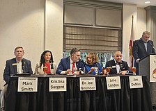 Sarasota Tiger Bay Club Board Member Jon Thaxton asked Sarasota County commission candidates about their views Thursday before opening up the floor for a Q&A with members.