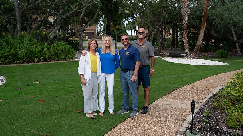 From left to right: Longboat Key Garden Club volunteers Kelly Shrout and Susan Phillips pose with Longboat Key Public Works Director Charlie Mopps and Parks and Recreation Manager Mark Richardson pose for a photo in Bicentennial Park after the grass was replaced with saltwater resistant paspallum. From left to right: Longboat Key Garden Club volunteers Kelly Shrout and Susan Phillips pose with Longboat Key Public Works Director Charlie Mopps and Parks and Recreation Manager Mark Richardson pose for a photo in Bicentennial Park after the grass was replaced with saltwater resistant paspallum.