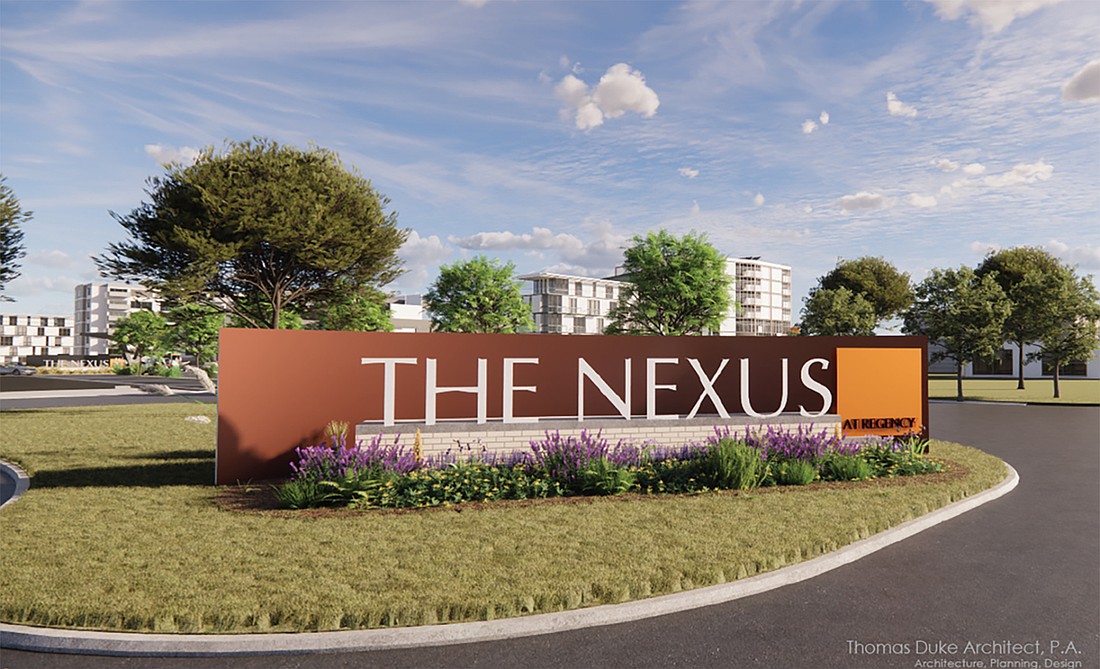 Regency Square Mall buyer Blackwater Development said it is rebranding the property as The Nexus at Regency. It said the project’s monument entry signs will use repurposed brick from Regency Square Mall and that the word “Regency” is framed within a square on the sign as a tribute to the development’s origins.