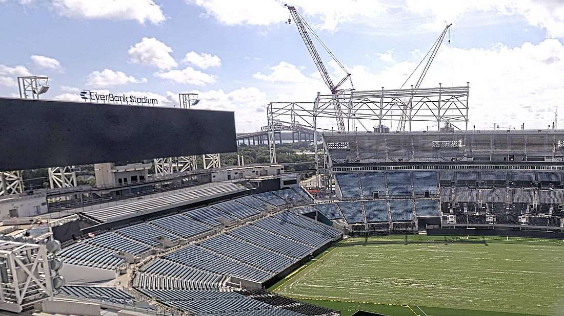 A screenshot from the Jacksonville Jaguars' "Stadium of the Future" live cam shows progress on the $1.4 billion project. The city of Jacksonville is reviewing plans to add temporary seating during the construction process at an estimated project cost of $2.12 million.