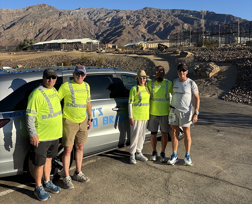 Brad Hamilton was joined by a four-person support crew at Badwater. From left: driver Brian Hamilton, pacer Darrell Lawson, crew chief/pacer Megan Hamilton, driver/pacer Joe Spiller and Brad Hamilton. Brad Hamilton was joined by a four-person support crew at Badwater. From left: driver Brian Hamilton, pacer Darrell Lawson, crew chief/pacer Megan Hamilton, driver/pacer Joe Spiller and Brad Hamilton.