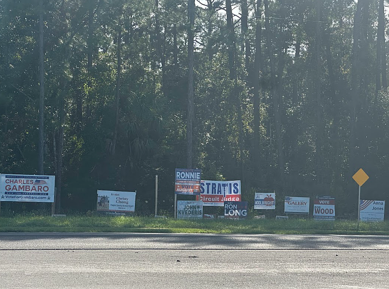 Political campaign signs line the intersection of Palm Coast Parkway and U.S. 1.  Photo by Rich Carroll