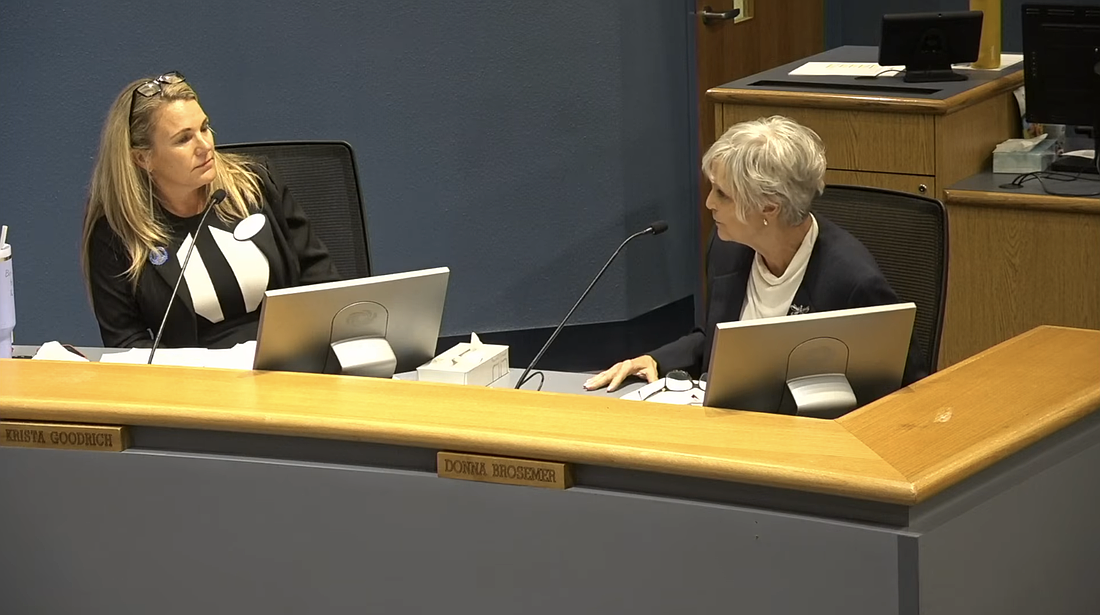 Volusia County School Board members Krista Goodrich and Donna Brosemer engage in an impromptu budget discussion on Tuesday, Aug. 11. Screenshot of Volusia County Schools' livestream