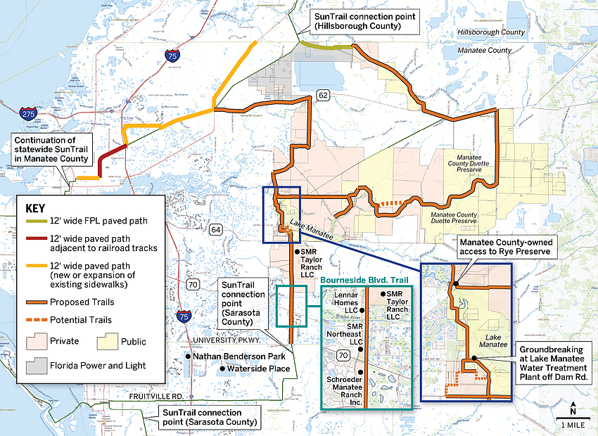 Manatee County Director of Natural Resources Charlie Hunsicker shows a version of this map, off his tablet, to just about anyone who asks for it. Most of the orange line represents the proposed Stage 1 of the county trail system.