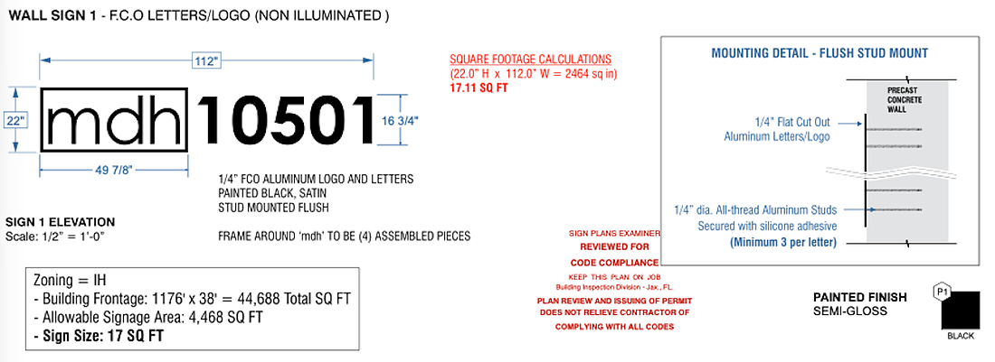 The city issued permits Aug. 3 for Brown Enterprises of Jacksonville to put up two signs for “MDH 10501” to reflect the ownership of MDH Partners of Atlanta.