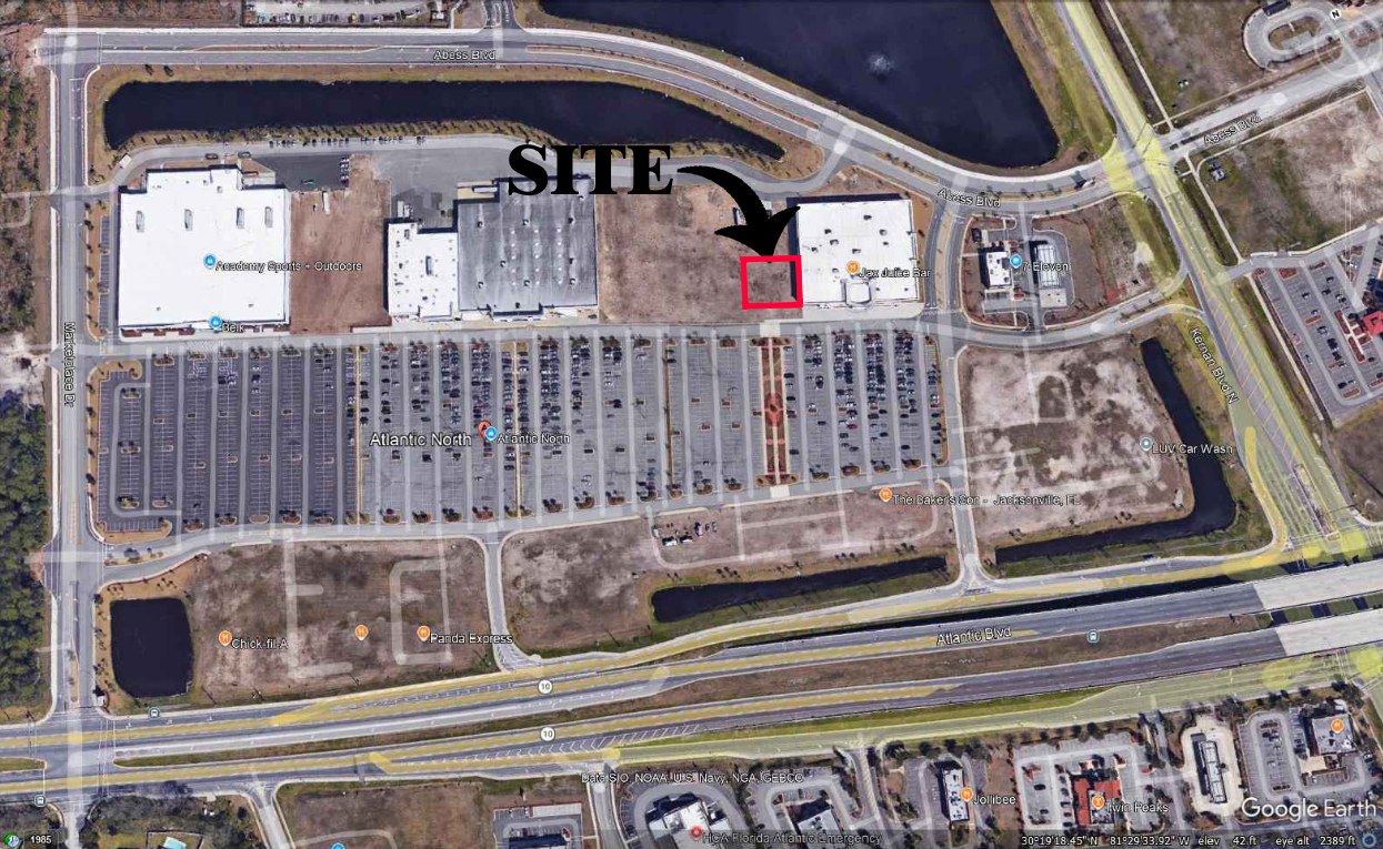 The overall site plan for Atlantic North shopping center shows the retail space to be added between Harris Teeter and LA Fitness at northwest Kernan and Atlantic boulevards.
